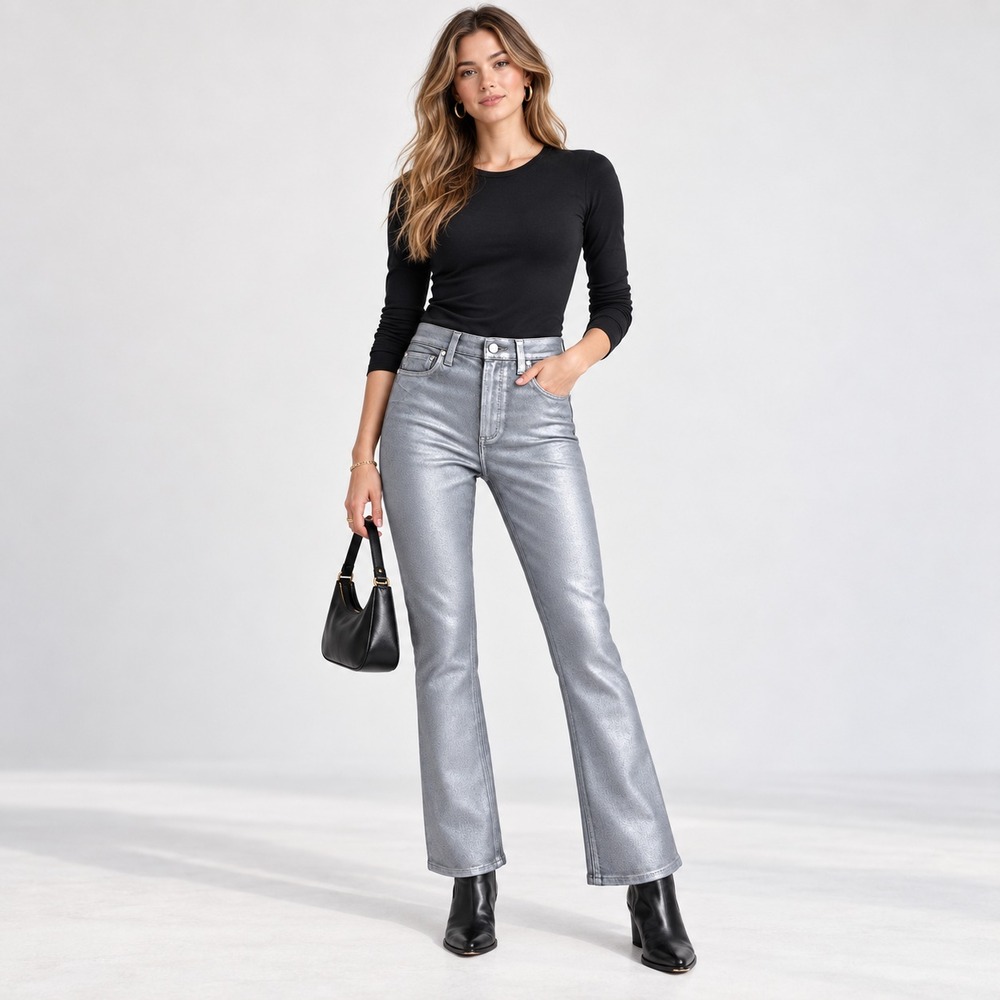 PAIGE Womens CLAUDINE Jeans 27 Metallic Silver Flare Coated Bootcut 5640799-B506